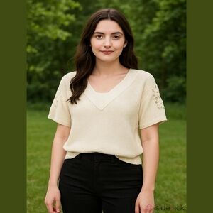 Vintage Lara Ferrante Cream Knit Top with Floral Sleeves